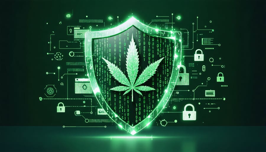 Conceptual illustration of a glowing green binary code shield protecting a CBD e-commerce website, emphasizing cybersecurity with cannabis leaf motifs and security padlocks.