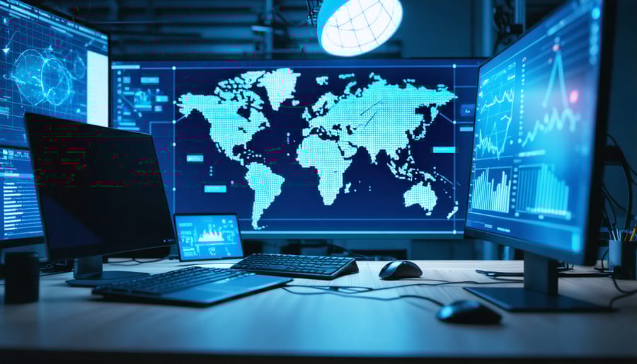 Security professional monitoring multiple screens with real-time security dashboards