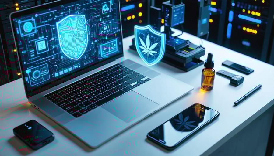 Laptop with blurred store page, phone displaying fingerprint scan, hardware security key, two payment terminals, holographic shield with blockchain cubes, and an amber dropper bottle with cannabis leaf emblem on a desk under cool blue lighting, server racks in the background.