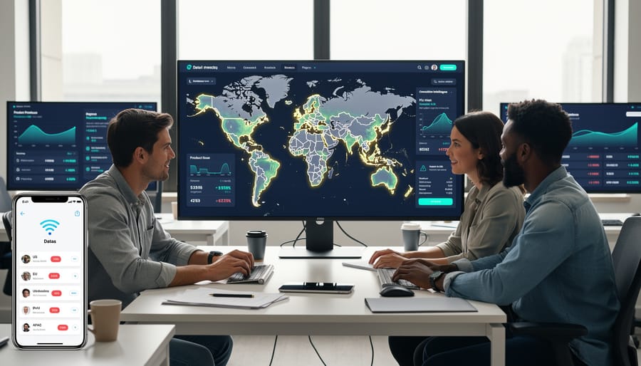 Business professional analyzing competitive market data on multiple mobile devices