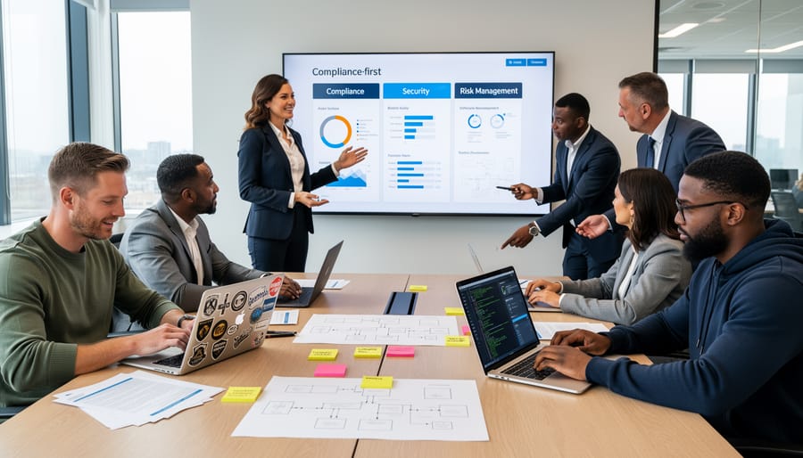 Diverse business team collaborating on security compliance documentation in modern office