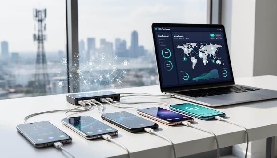 Multiple smartphones with network connection visualization showing mobile proxy infrastructure