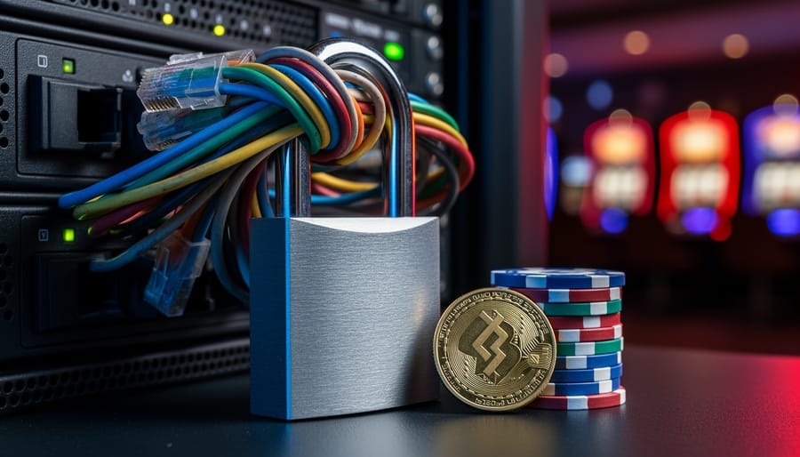 Close-up of a steel padlock clamped around network cables on a server rack, with poker chips and a gold cryptocurrency coin in front; blurred casino lights and server LEDs glow in the background.