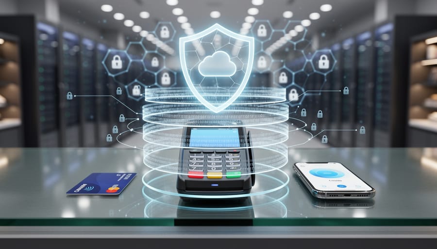 Credit cards, mobile phone, and security token showing payment authentication layers