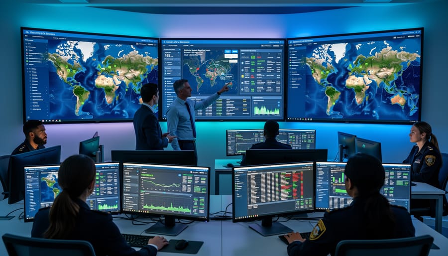 Security analyst monitoring real-time threat detection systems on multiple displays