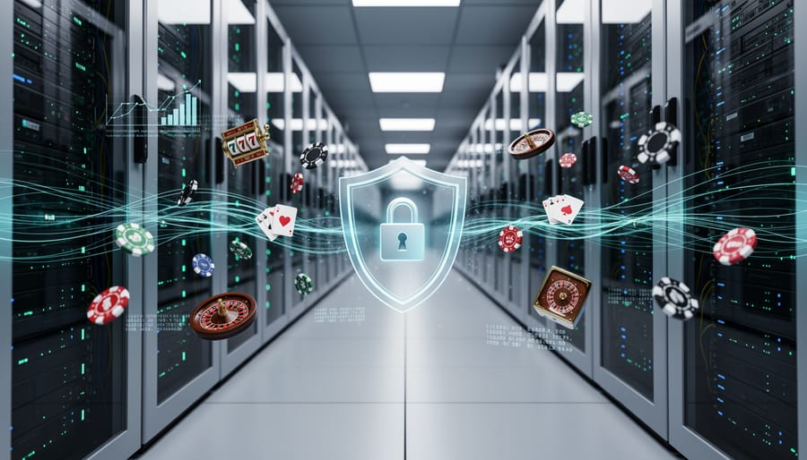 Data center server racks with LED indicators in secure facility corridor