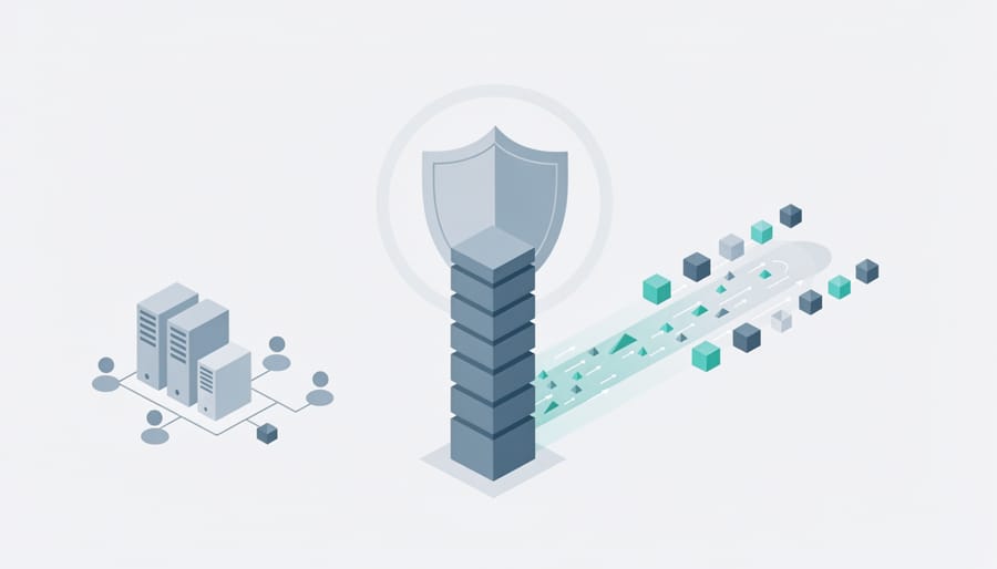 Security professional reviewing compliance documentation with digital security visualization