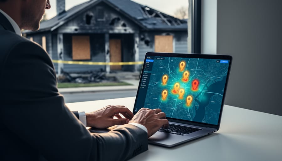 Over-the-shoulder view of a real estate investor studying a laptop with an unlabeled geospatial heatmap and glowing pins, while a smoke-scarred suburban house with boarded windows appears softly blurred through the window.