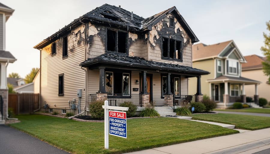 Fire-damaged residential house showing visible structural damage to roof and exterior