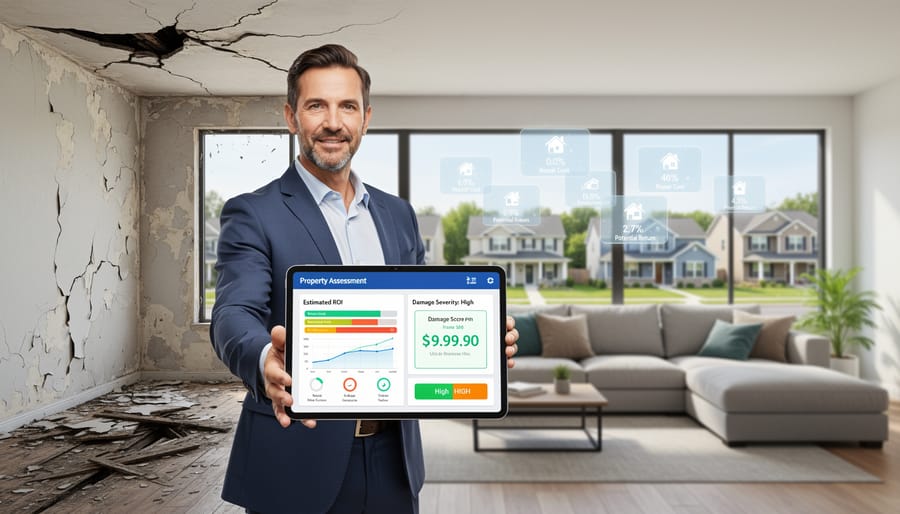 Real estate investor reviewing property assessment data on tablet at fire-damaged property site