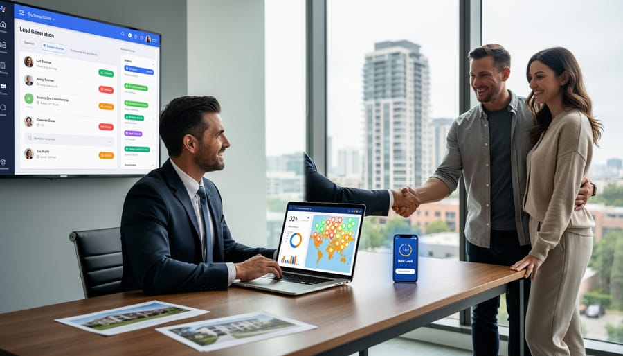 Property investor and homeowner shaking hands in front of residential property