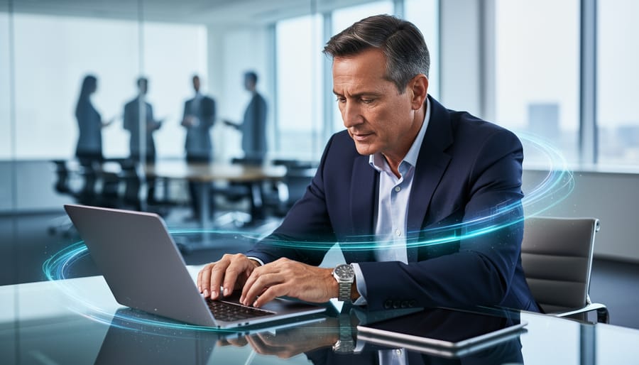 “A technology executive reviewing a laptop and tablet at a modern office table, representing B2B branding and business credibility.”