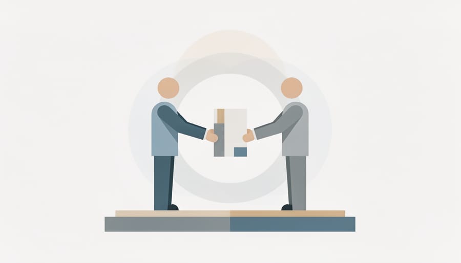 Close-up of two people exchanging a proposal folder with no visible text in a professional office.