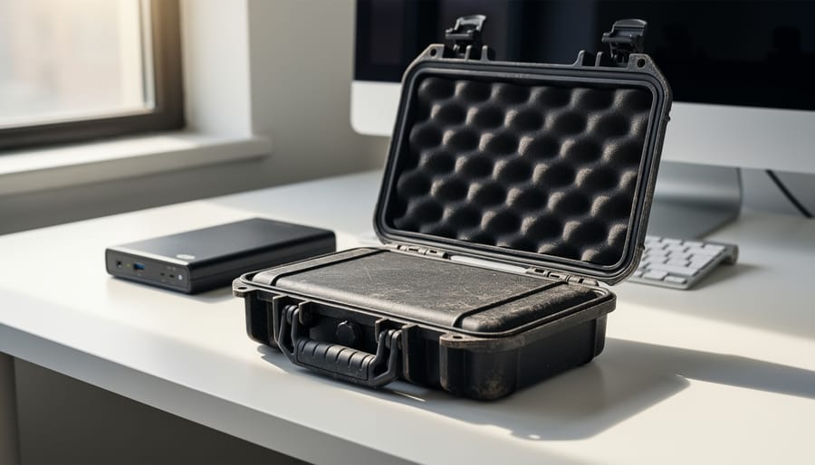 External hard drive and protective case on a desk representing secure backup storage