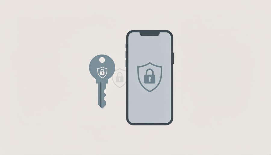 Hand holding a hardware security key near a face-down smartphone to symbolize multi-factor authentication