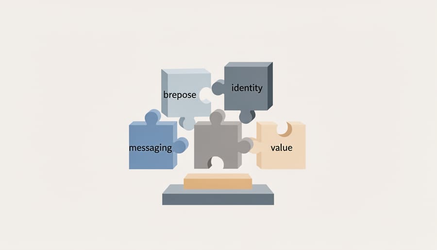 Interlocking metal puzzle-piece components on a dark desk with a blank notepad and business cards with no readable text.
