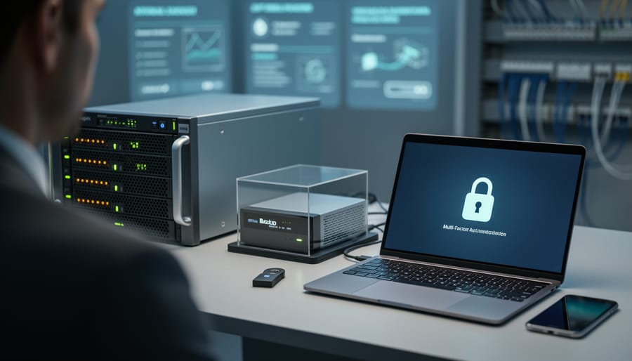 “Secure IT control room scene featuring server equipment, an offline backup drive protected from network access, and a multi-factor authentication hardware key for ransomware defense.”