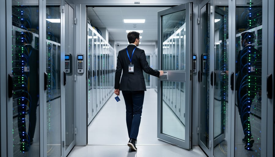 Security professional opening a door to a modern server room with server racks visible inside