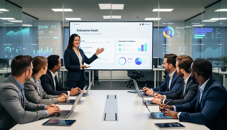 Team collaborating in a modern tech office while reviewing an abstract digital display with no text.