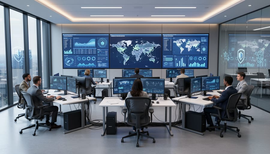 Technicians working in a server room with headsets and LED indicators with no readable numbers.