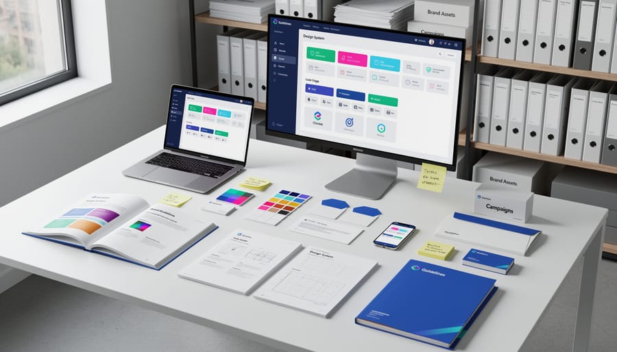 Laptop with non-readable interface glow next to blank brand guideline binders and color swatch book