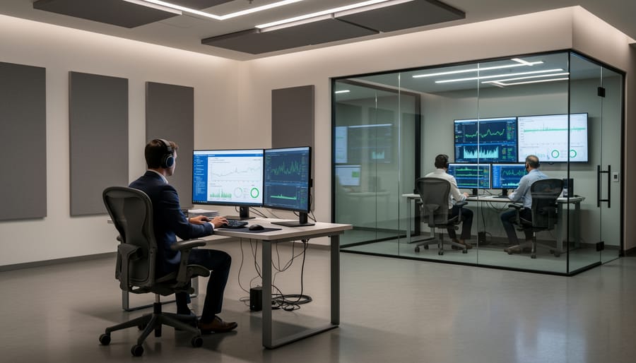 Person seated for a certification exam in a testing room with desks and chairs.