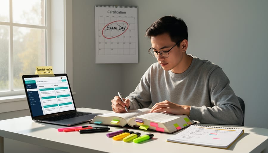 Laptop and study materials on a desk representing certification exam preparation.