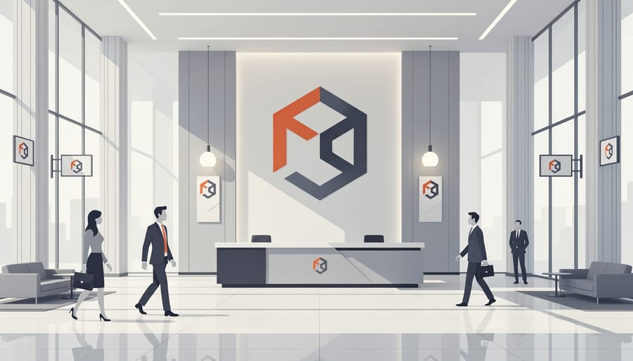 Modern technology office lobby with an illuminated abstract display panel and blank branded desk sign