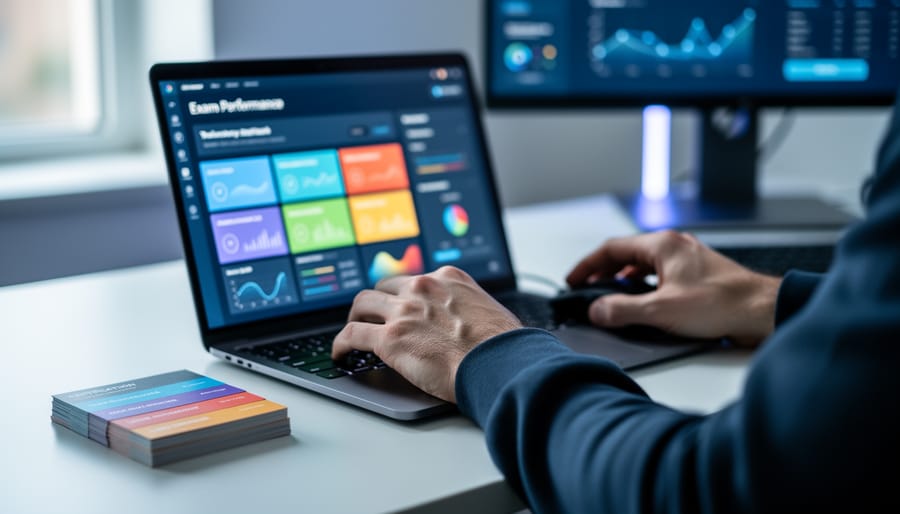 IT professional reviewing certification study cards and abstract color-coded performance analytics on a laptop screen.
