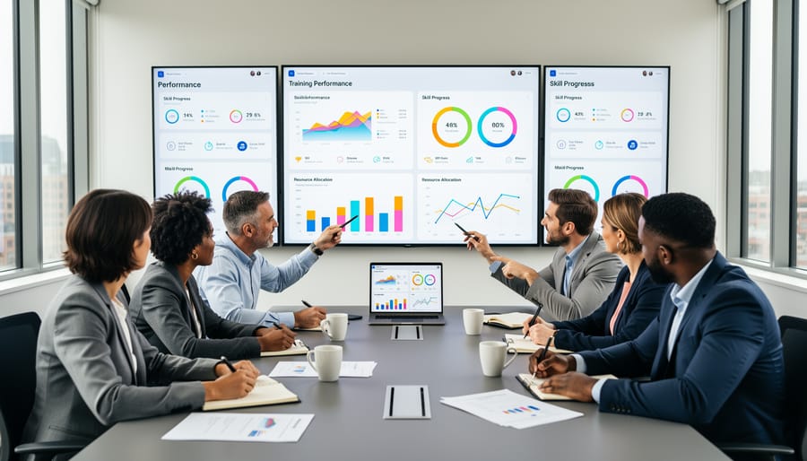 IT professionals collaborating in an office meeting with a blank board and blurred tablet screen.