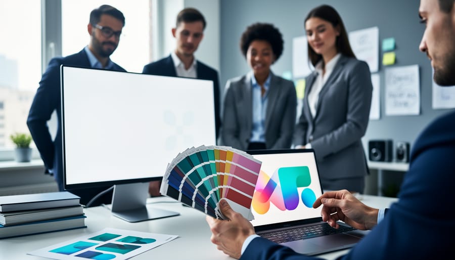 Team members in a modern tech branding studio reviewing abstract identity concepts on a large monitor while using color swatches and laptop tools.