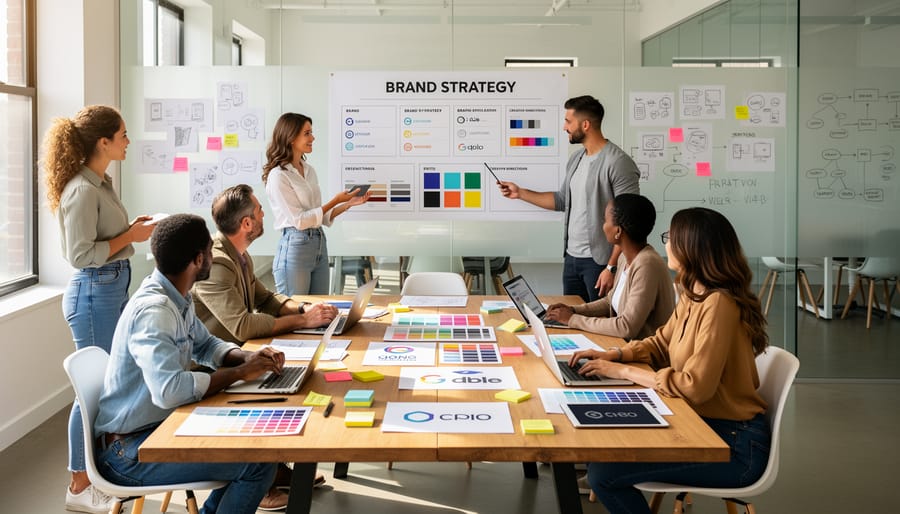 Team collaborating around a desk with printed brand materials and design tools in a modern technology office