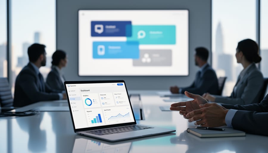 Executives in a modern boardroom reviewing a unified corporate identity concept with a laptop in the foreground and an abstract brand wall display in the background.