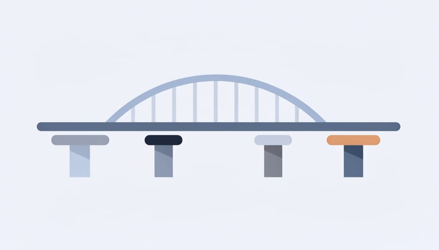 Low-angle view of a sturdy metal bridge connecting office buildings, symbolizing cohesive corporate branding architecture