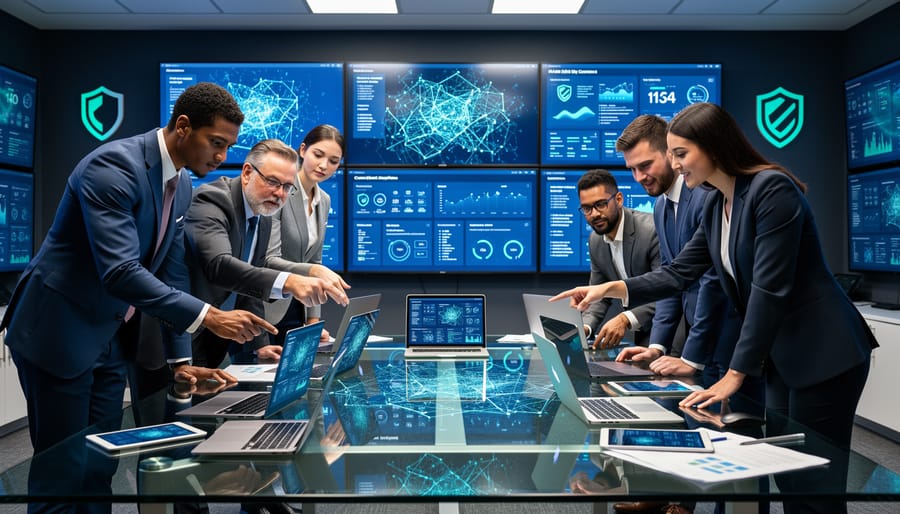 IT security team observing illuminated server racks and a wall display with blurred, unreadable dashboards