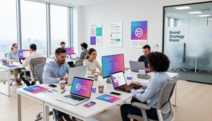 Employees walking through a modern technology company lobby with abstract brand visuals on a wall and meeting rooms in the background