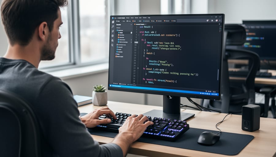 Programmer’s hands typing on a keyboard next to a blurred tablet screen