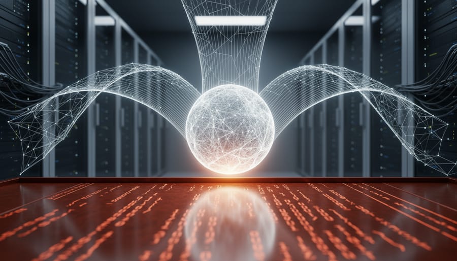 Rust-themed abstract server room scene showing a glowing secure core with converging light paths against a dark infrastructure background.