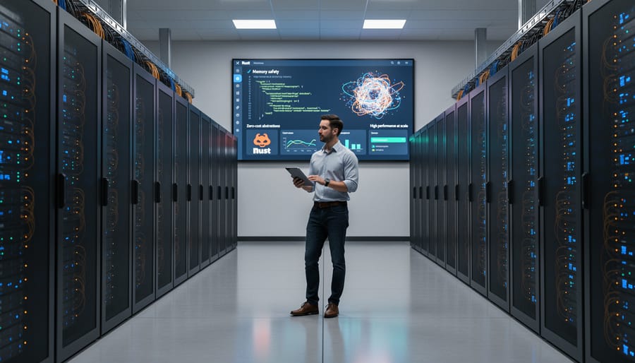 Nighttime data center aisle with softly glowing server racks
