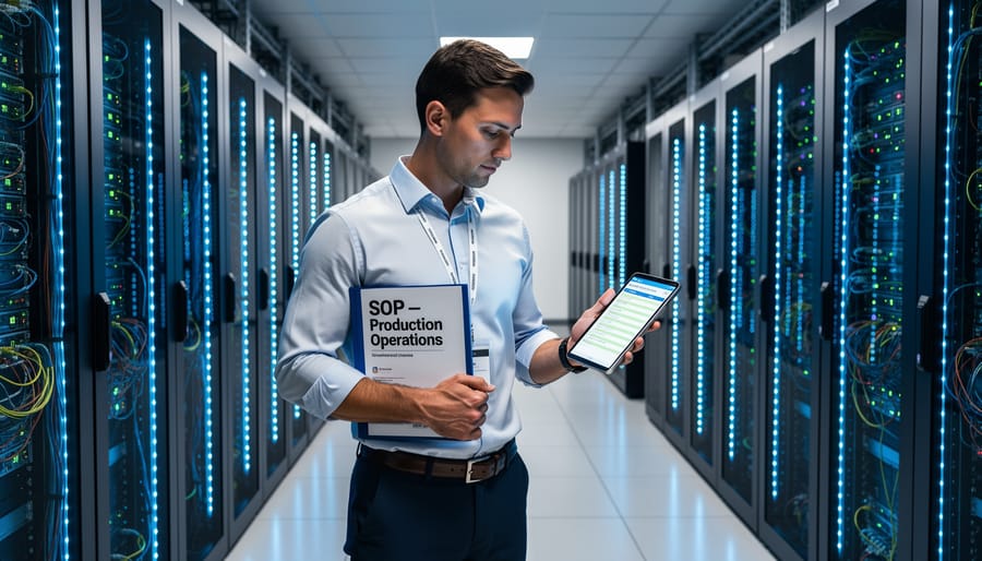 Technician inserting an operations checklist binder near neatly arranged server racks in a data center