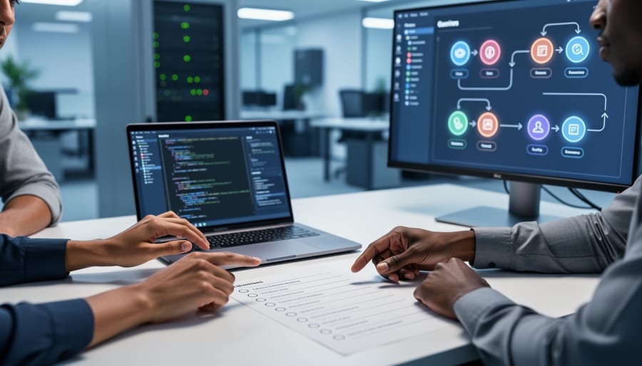 Software developers collaborating in a modern office, reviewing a checklist and shared development artifacts on laptops to represent standardized operating procedures.