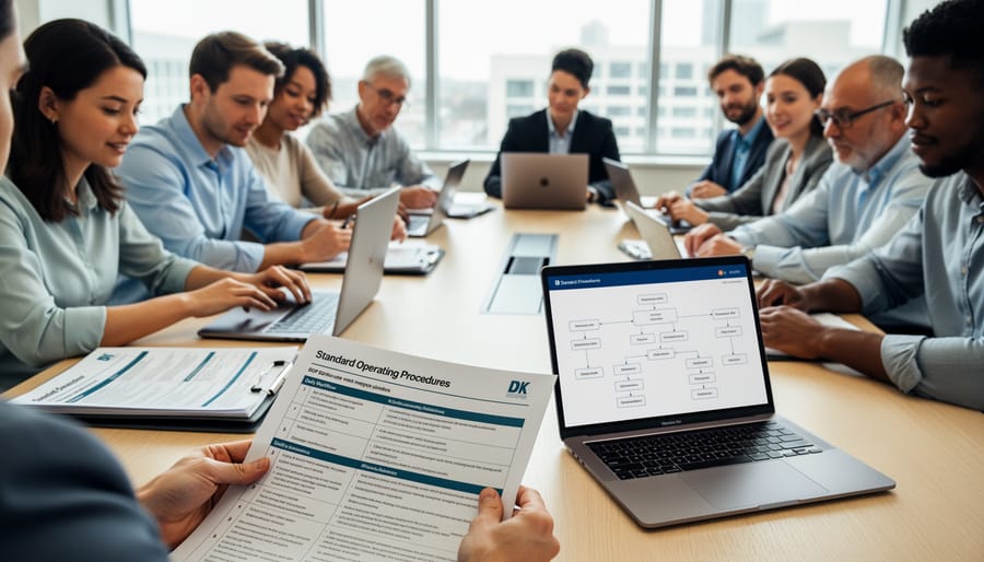 Software team members reviewing printed procedure documents beside a laptop in a modern workspace